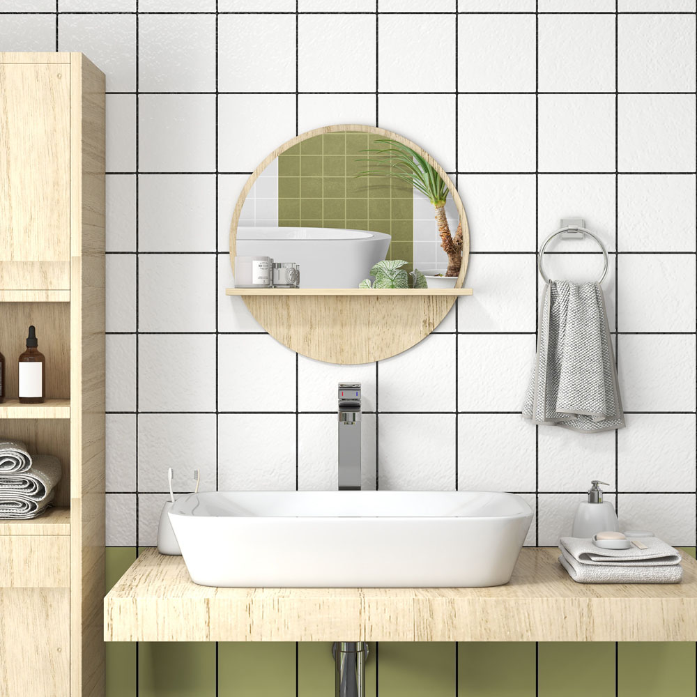 Portland Round Natural Wood Effect Bathroom Mirror 45cm Image 2