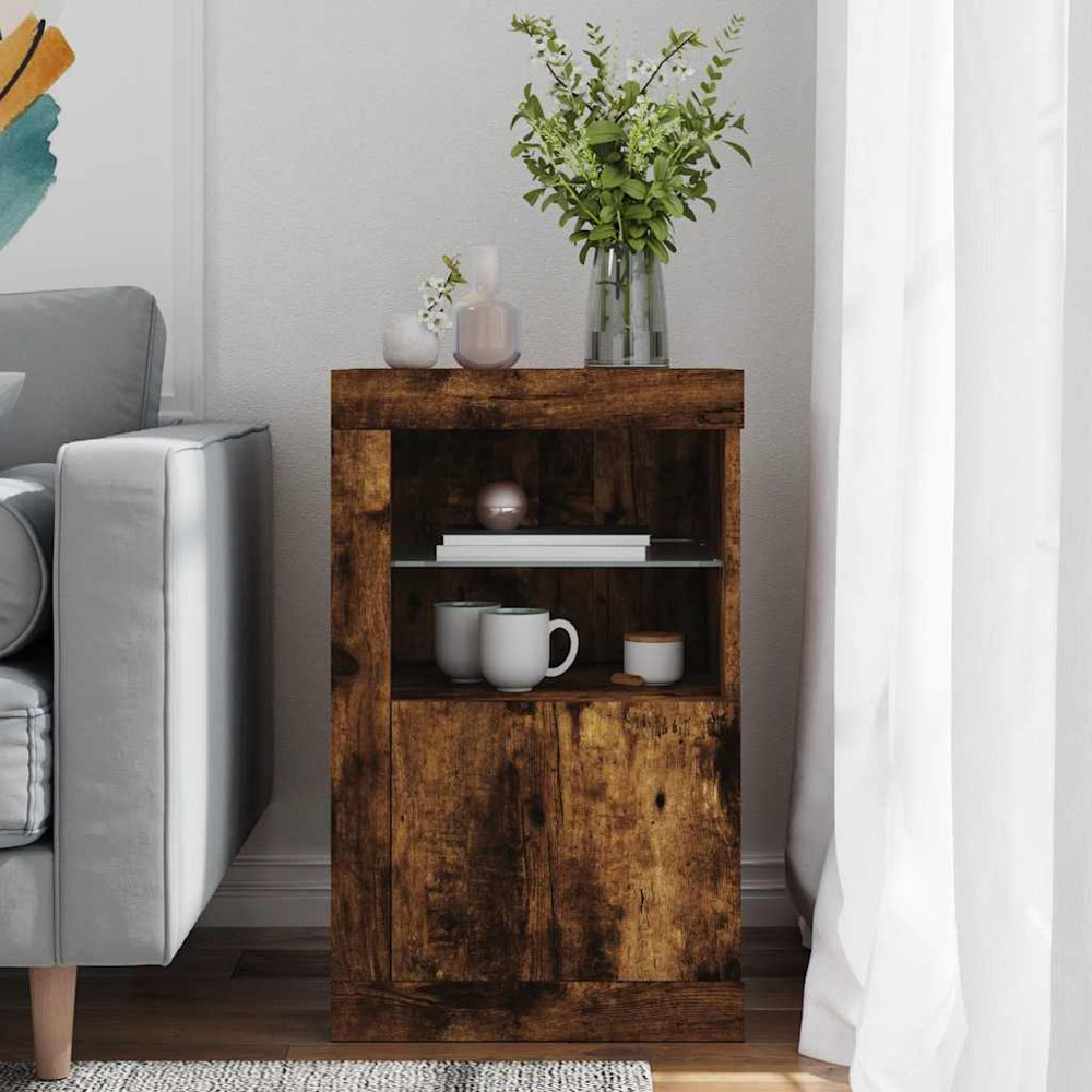 vidaXL Single Door 2 Shelf Smoked Oak Side Cabinet with LED Lights Image 3