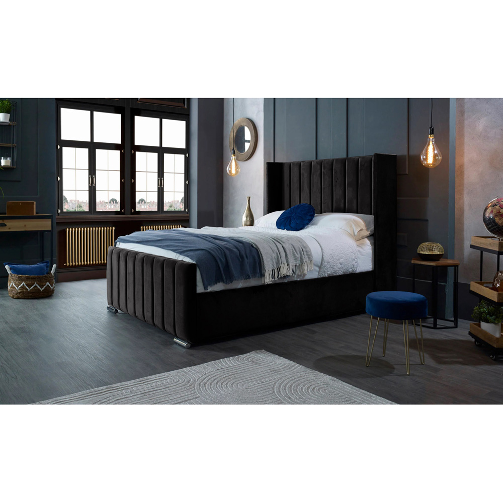 Eleganza Home Meriso King Size Black Plush Velvet Bed Frame with Winged Headboard Image 5