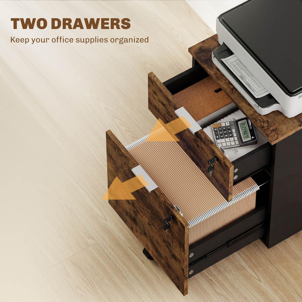 Portland 2 Drawer Rustic Brown Mobile Lockable Filing Cabinet with Keys Image 7