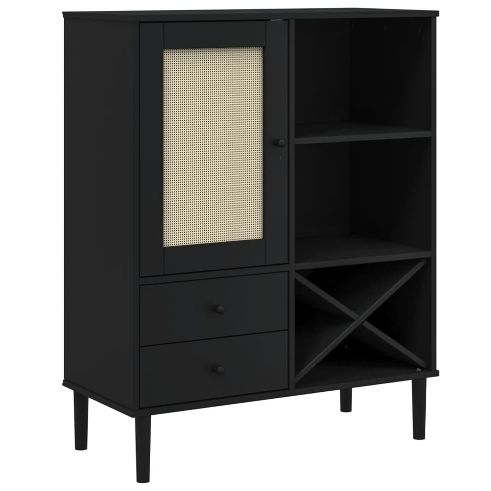 vidaXL Senja Single Door 2 Drawer 6 Shelf Black Solid Pine Wood Rattan Look Highboard Image 2