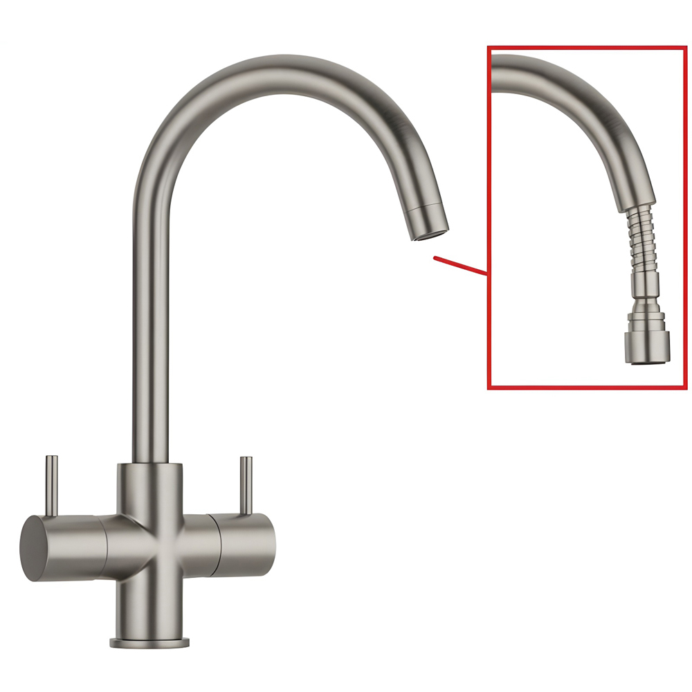 Piralla Vox Brushed Nickel Pull Out Twin Lever Swivel Spout Kitchen Tap Image 2