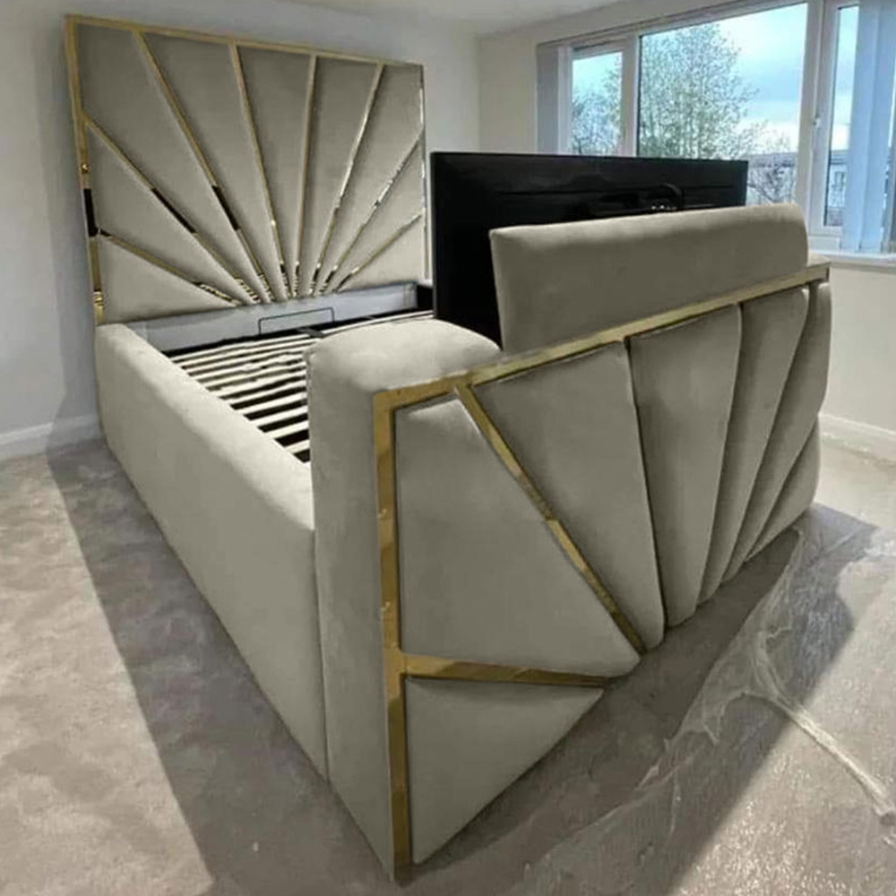 Eleganza Home Leniva Double Grey Plush TV Bed Frame with Headboard and Footboard Image 1