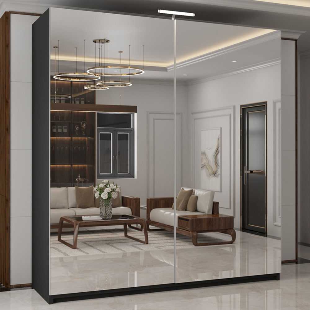 M N Furniture Modern 2 Door Black Mirrored Sliding Wardrobe 150cm Image 1