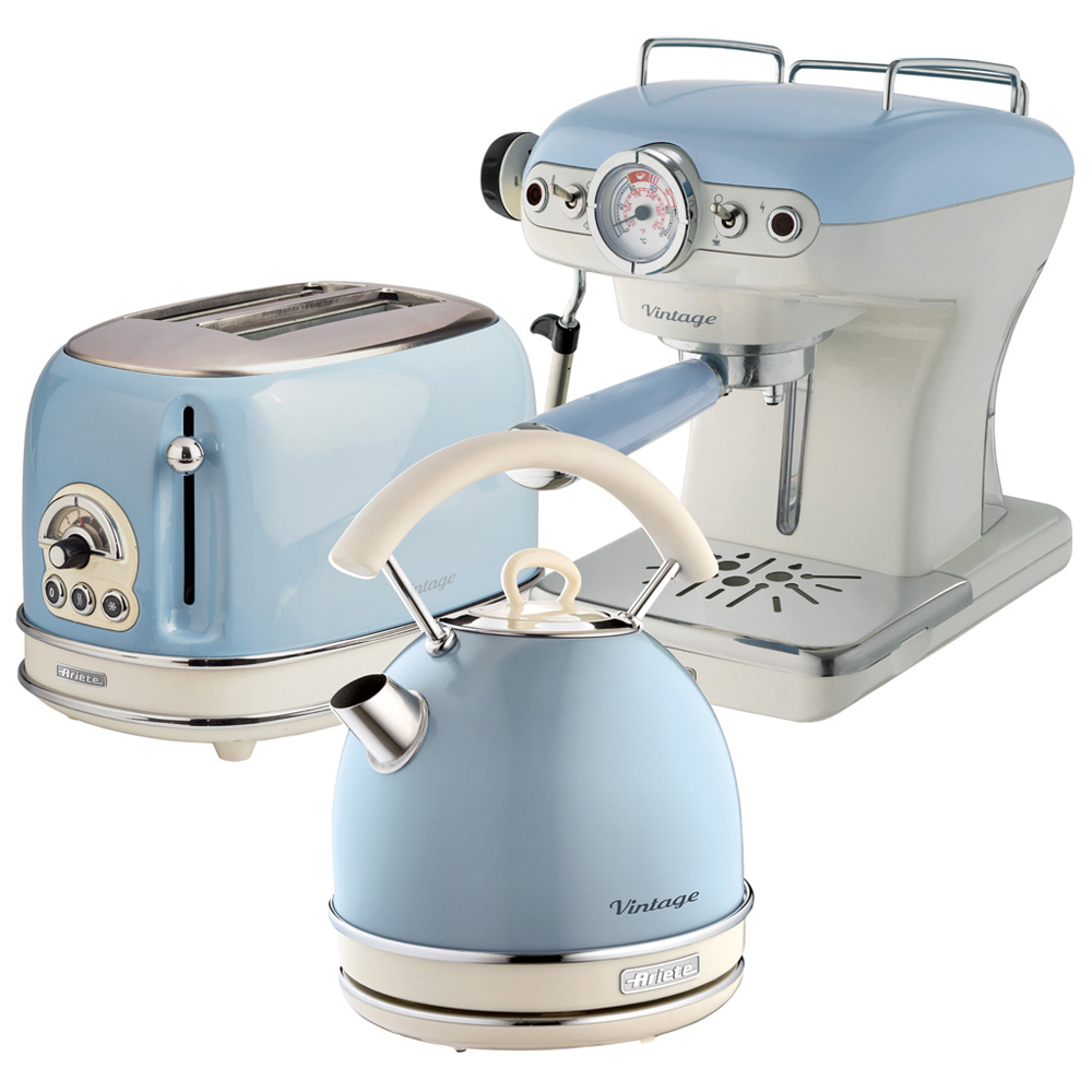 Ariete Vintage ARPK18 Blue Dome Kettle 2 Slice Toaster and Espresso Coffee Maker Set Image 1
