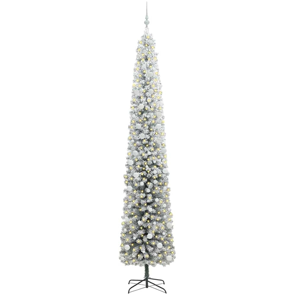 vidaXL 300 LED Pre-Lit White Baubles Green Artificial Snow Flocked Christmas Tree 10ft Image 1