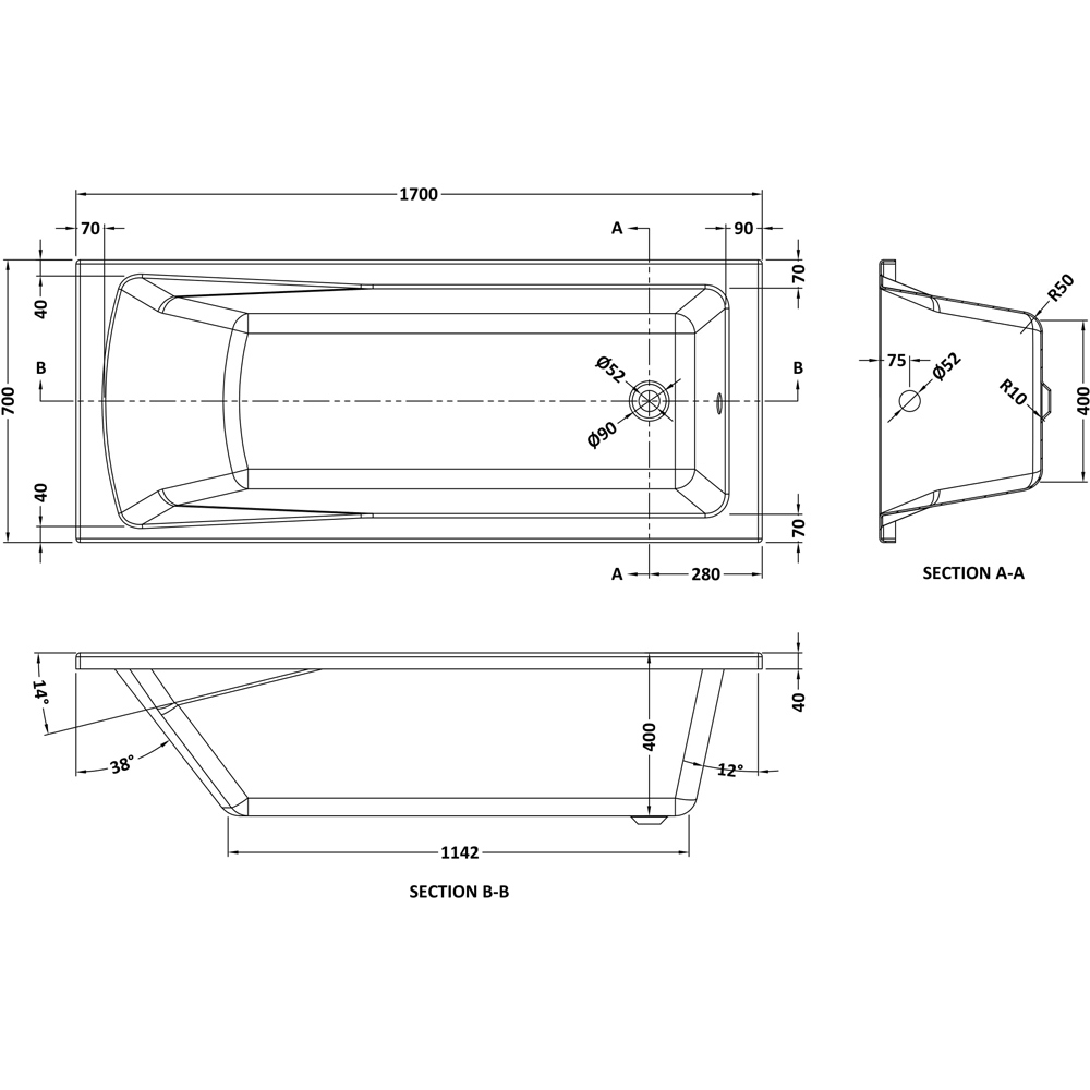 nuie Linton White Eternalite Square Single Ended Bath 1700mm x 700mm Image 3