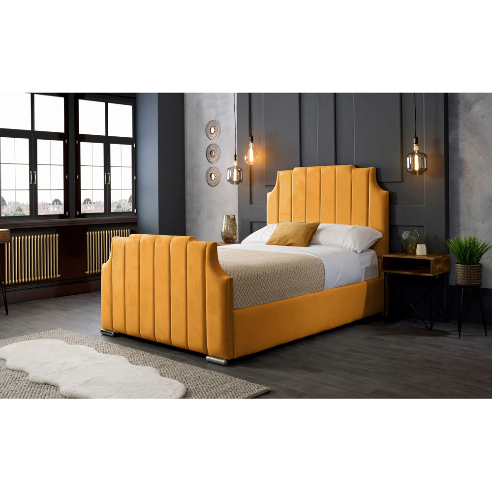 Eleganza Home Nelson Double Mustard Plush Velvet Bed Frame with Headboard Image 5