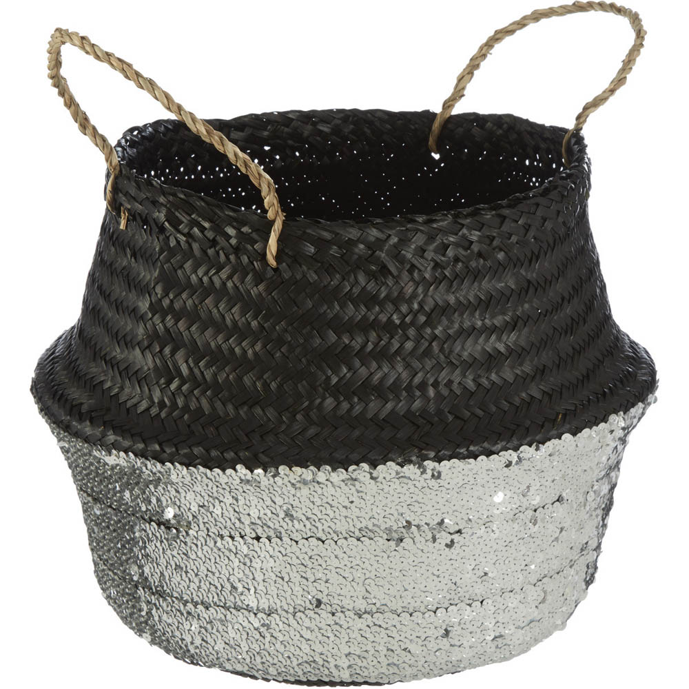 Premier Housewares Black and Silver Sequin Medium Seagrass Basket Image 3
