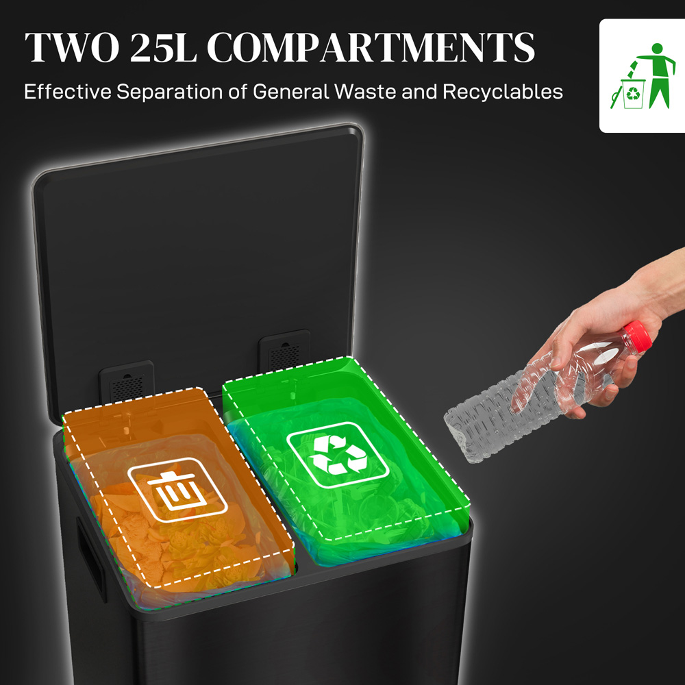 HOMCOM Double Black Pedal Bin with Soft-Close Lid 25L Image 4