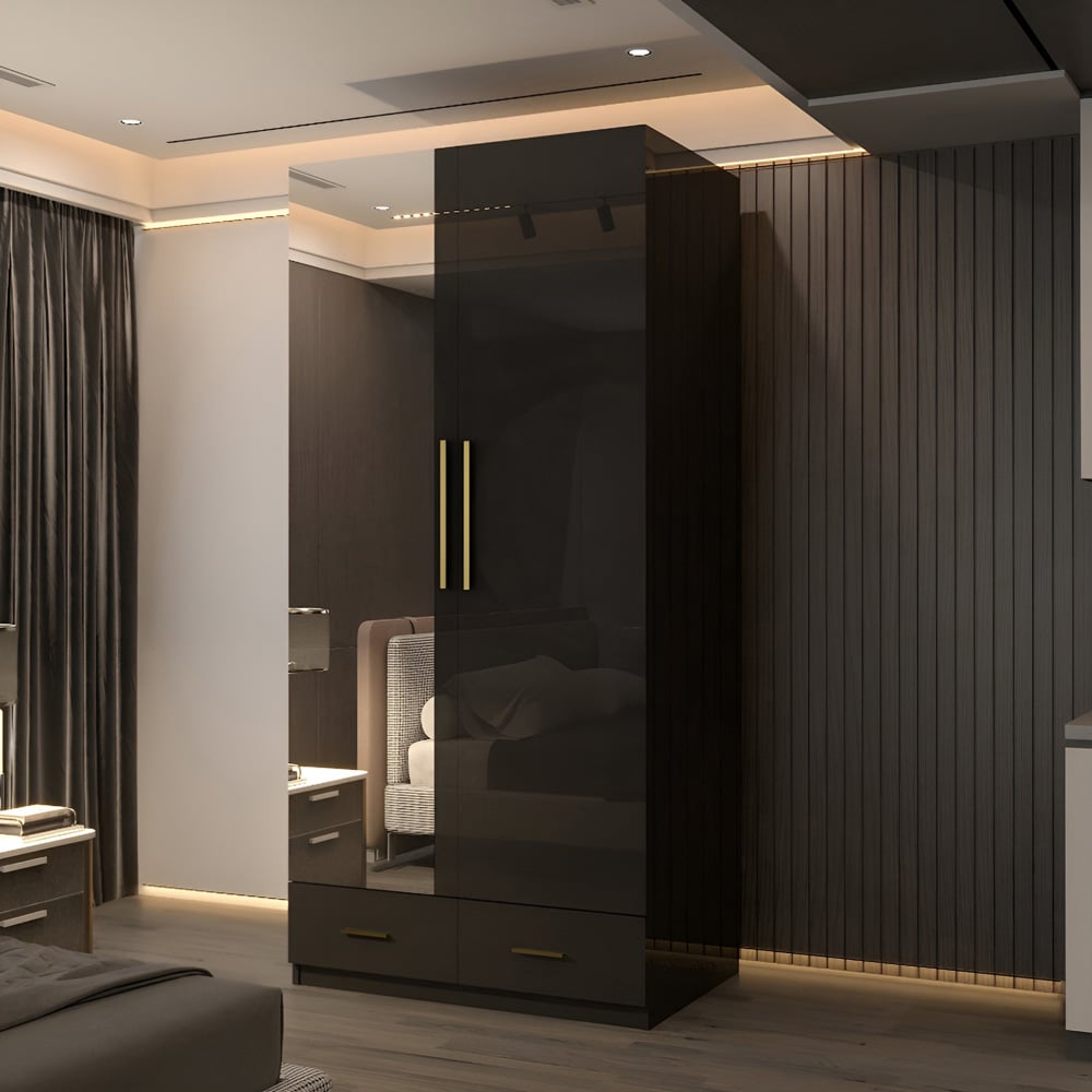 Sliding Wardrobes 4U XD4 2 Door 2 Drawer Black High Gloss Gold Handle Mirror Wardrobe Image 5