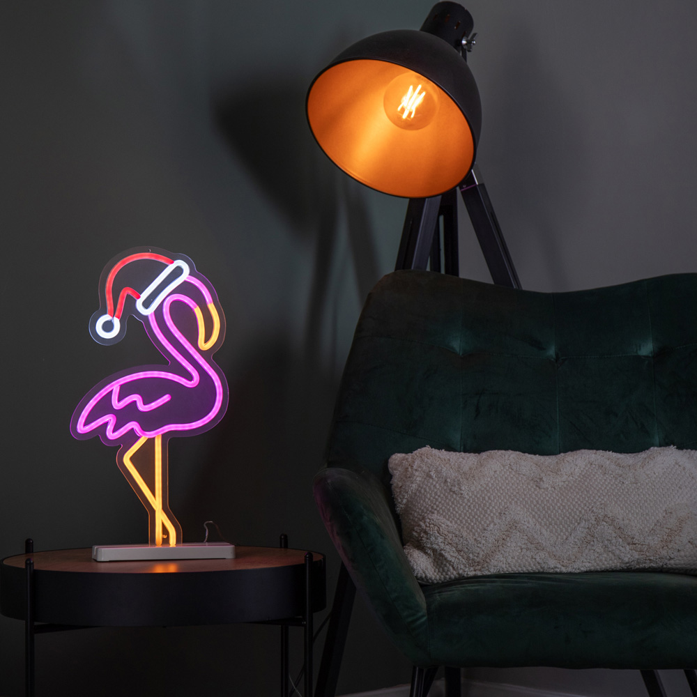 Samuel Alexander Multicolour LED Light Up Neon Flamingo with Santa Hat and Base Christmas Decoration Image 2