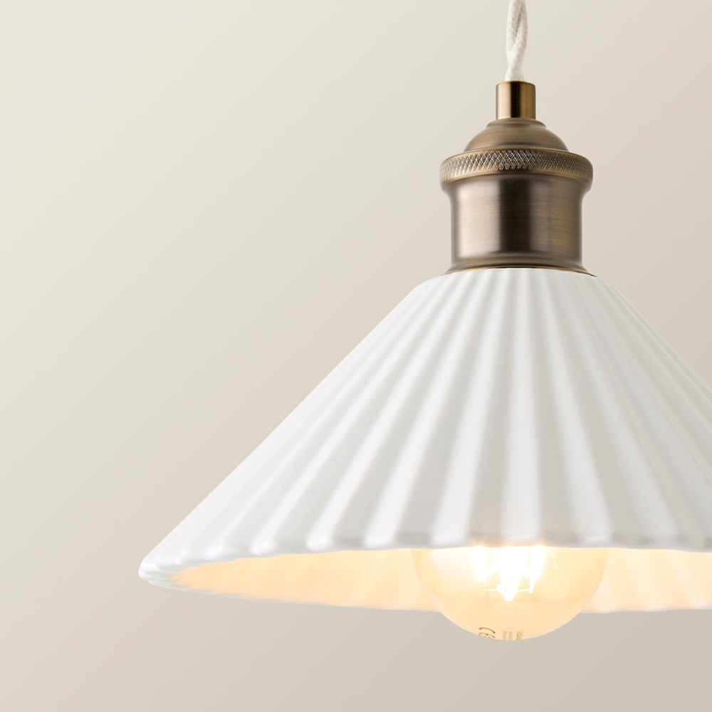 ValueLights Burford White Ribbed Ceramic Shade LED Ceiling Pendant Light with Bulb Image 3