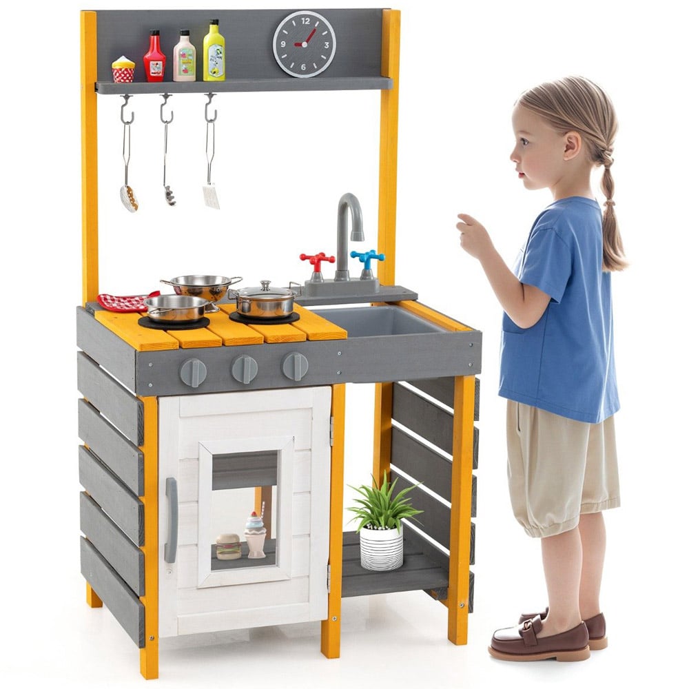 Costway Kids Grey Mud Kitchen Play Set with Stoves Removable Sink and Faucet Image 3
