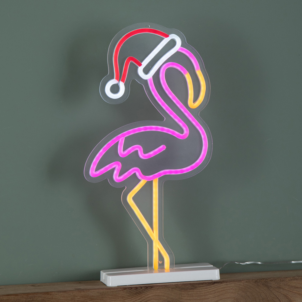Samuel Alexander Multicolour LED Light Up Neon Flamingo with Santa Hat and Base Christmas Decoration Image 3