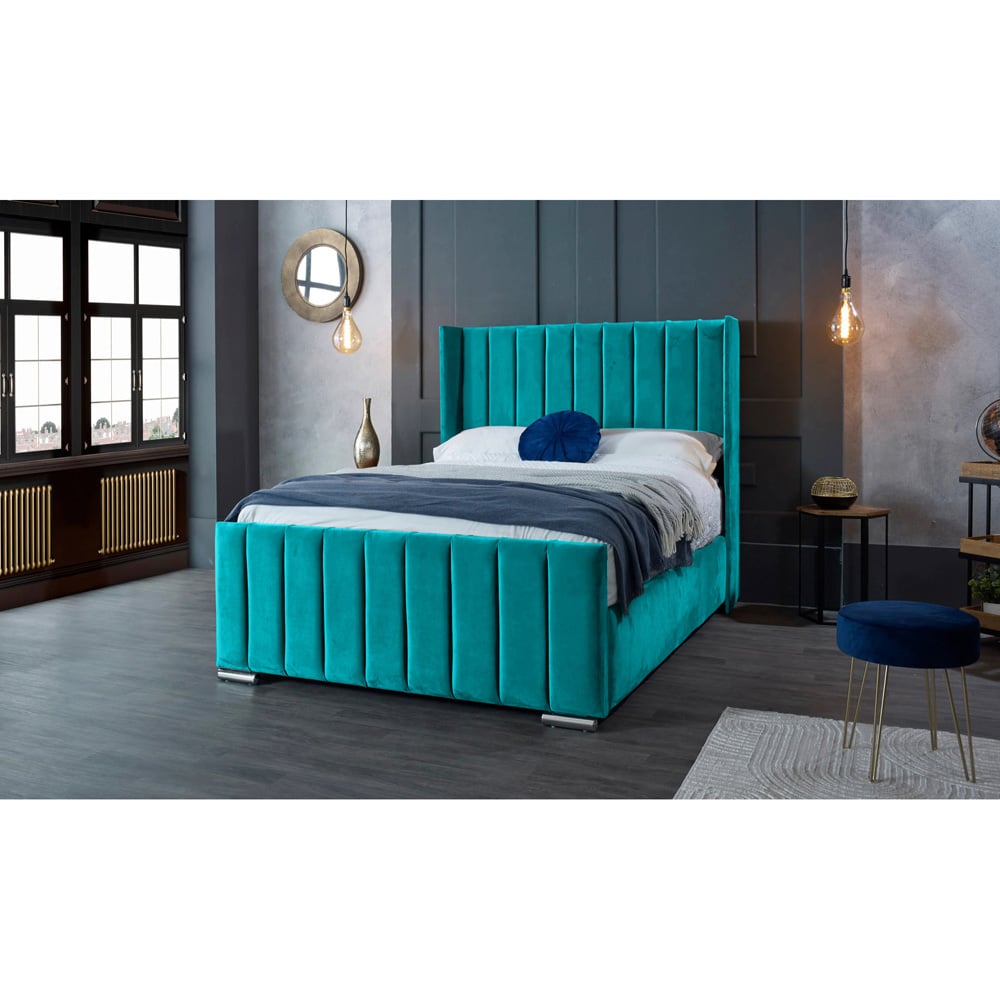 Eleganza Home Meriso King Size Teal Plush Velvet Bed Frame with Winged Headboard Image 2