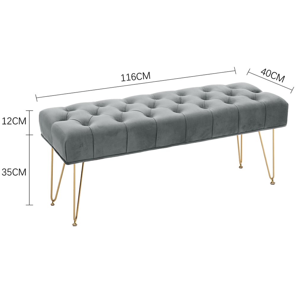 Living and Home Rectangle Buttoned Velvet Bench with Gold Hairpin Legs Image 6