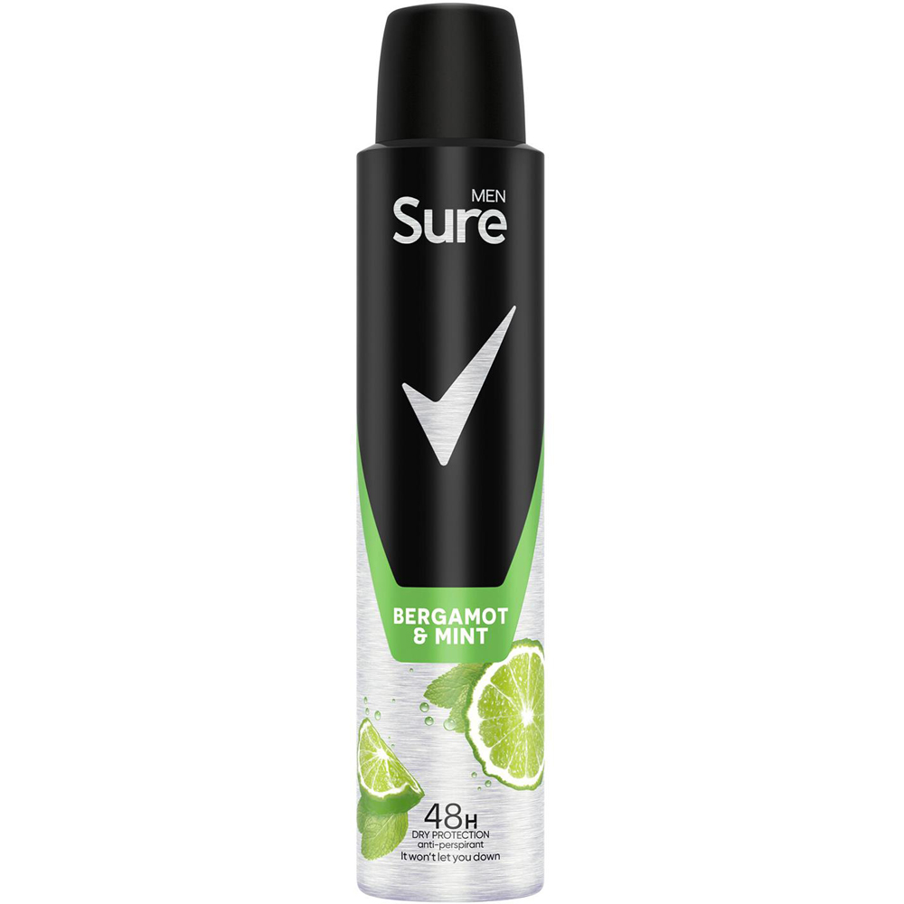 Sure Men 48H Protection Anti-Perspirant Bergamot and Mint Deodorant 200ml 24 Pack Image 2