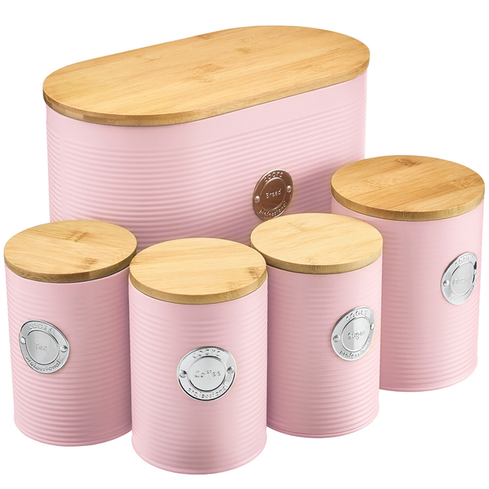 Cooks Professional Pink and Silver 5 Piece Kitchen Food Storage Set with Bamboo Lid Image 1