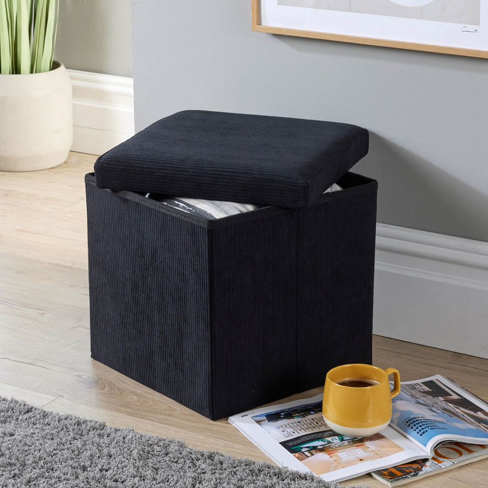 Home Source Black Corduroy Upholstered Folding Ottoman Image 3