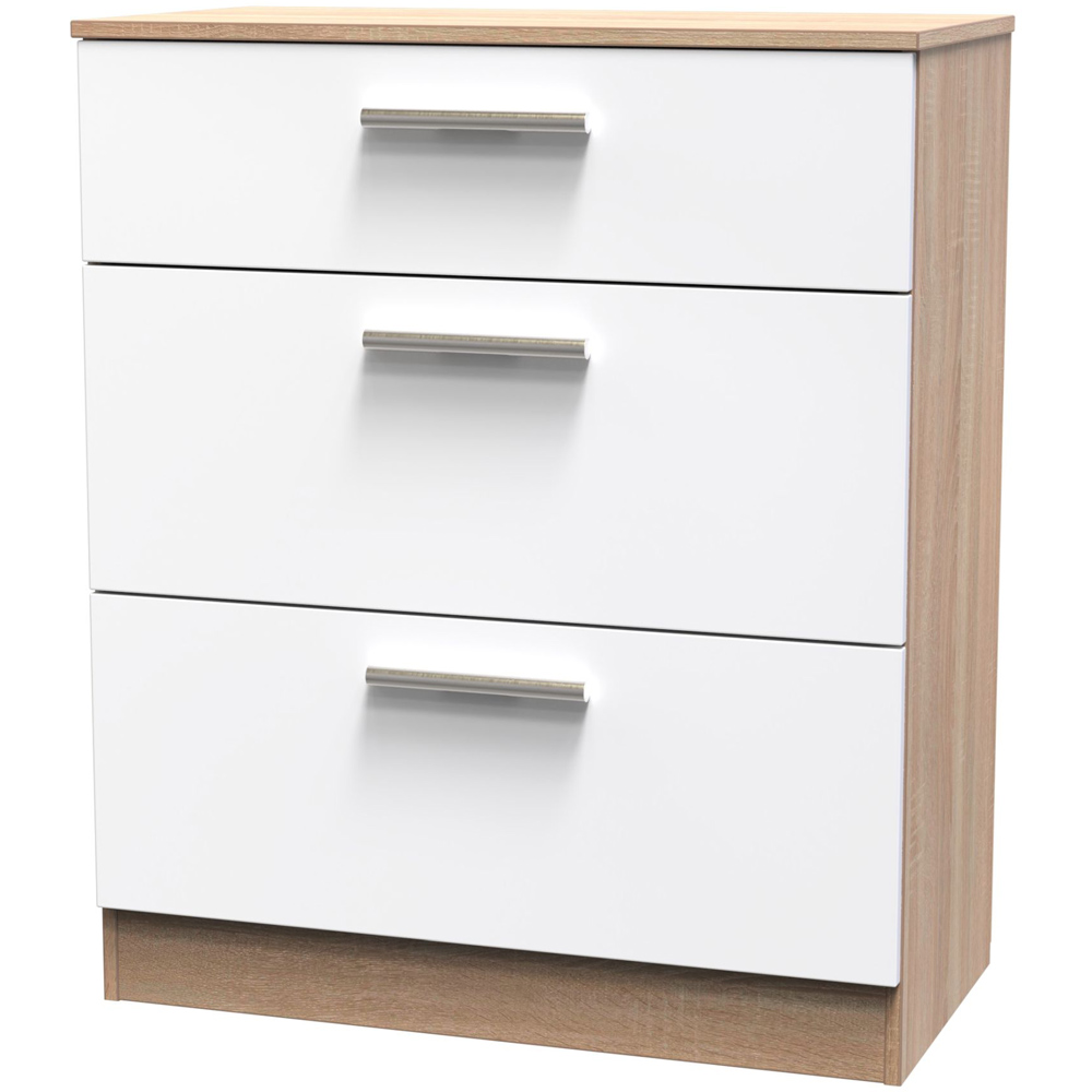 Crowndale Contrast 3 Drawer White Gloss and Bardolino Oak Deep Chest of Drawers Image 2