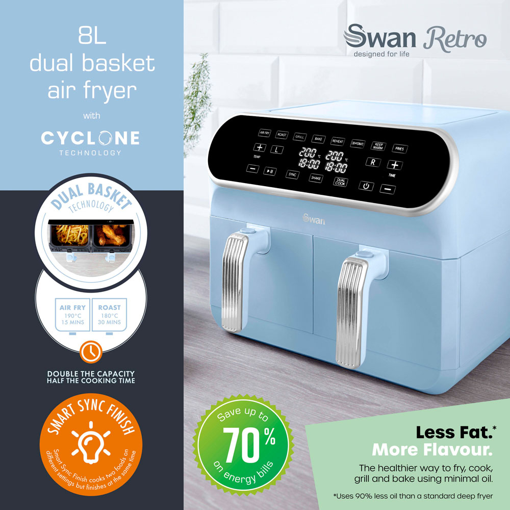 Swan Retro SD10519BLU Blue Dual Basket Air Fryer 8L Image 2