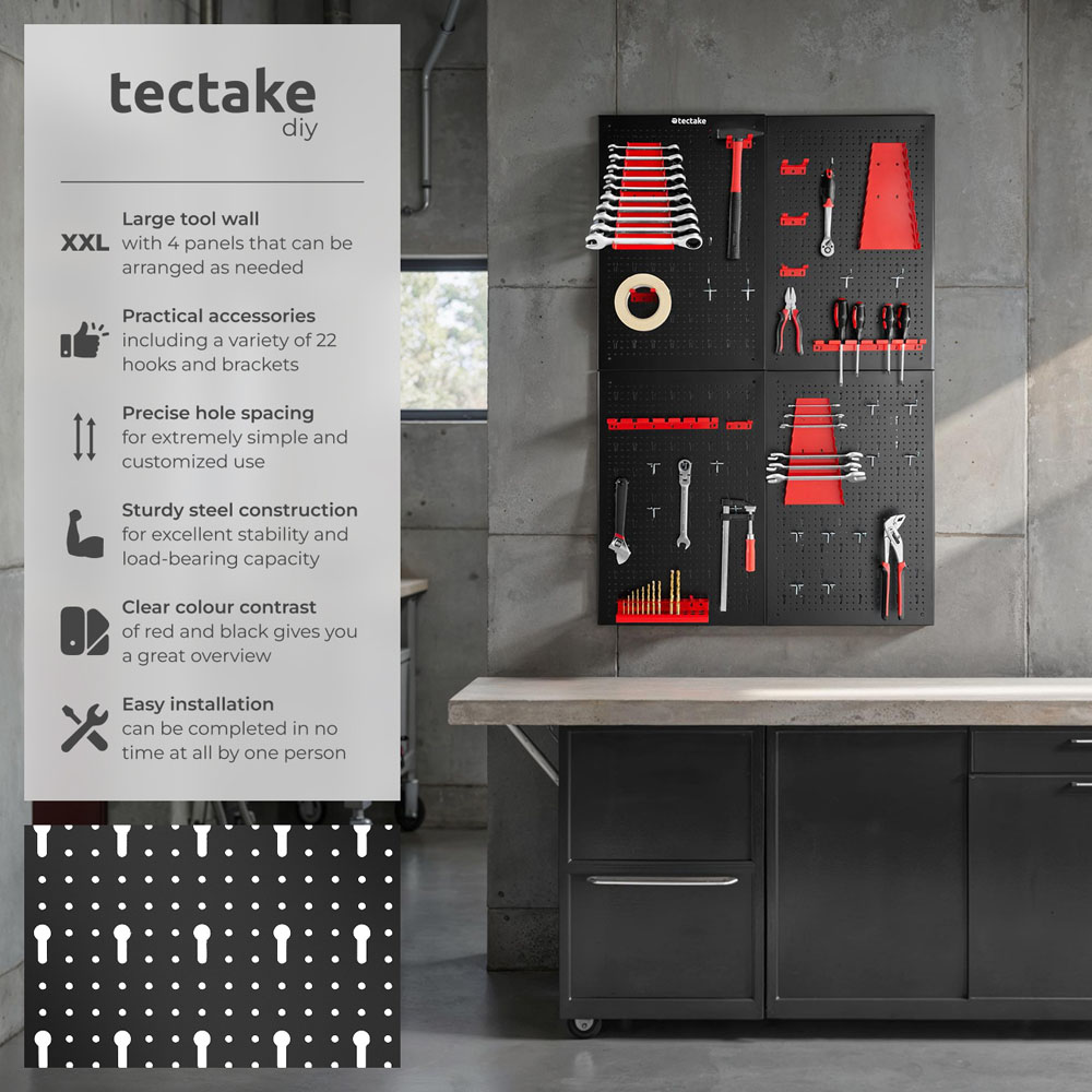 tectake Jonah 4 Panel Tool Pegboard Set with Hooks and Holders Image 6