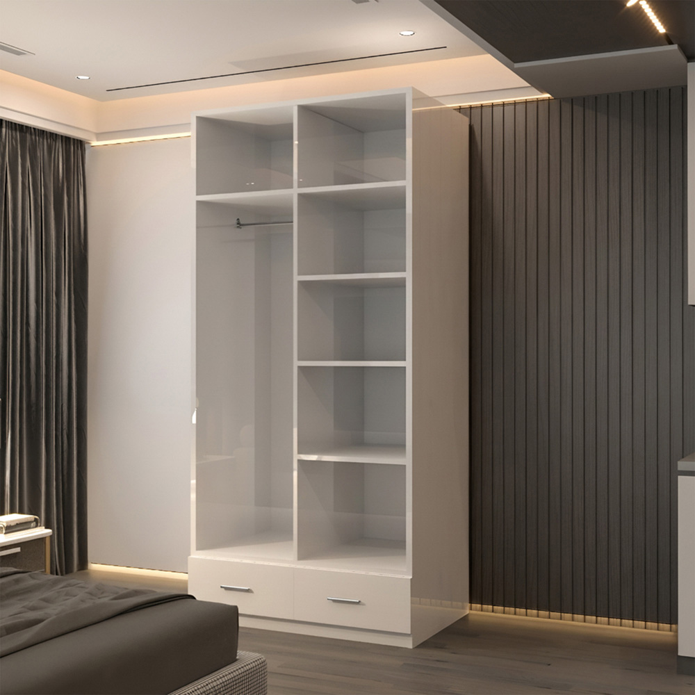 Sliding Wardrobes 4U 2 Door 2 Drawer White High Gloss Hinge Door Wardrobe 90cm Image 4