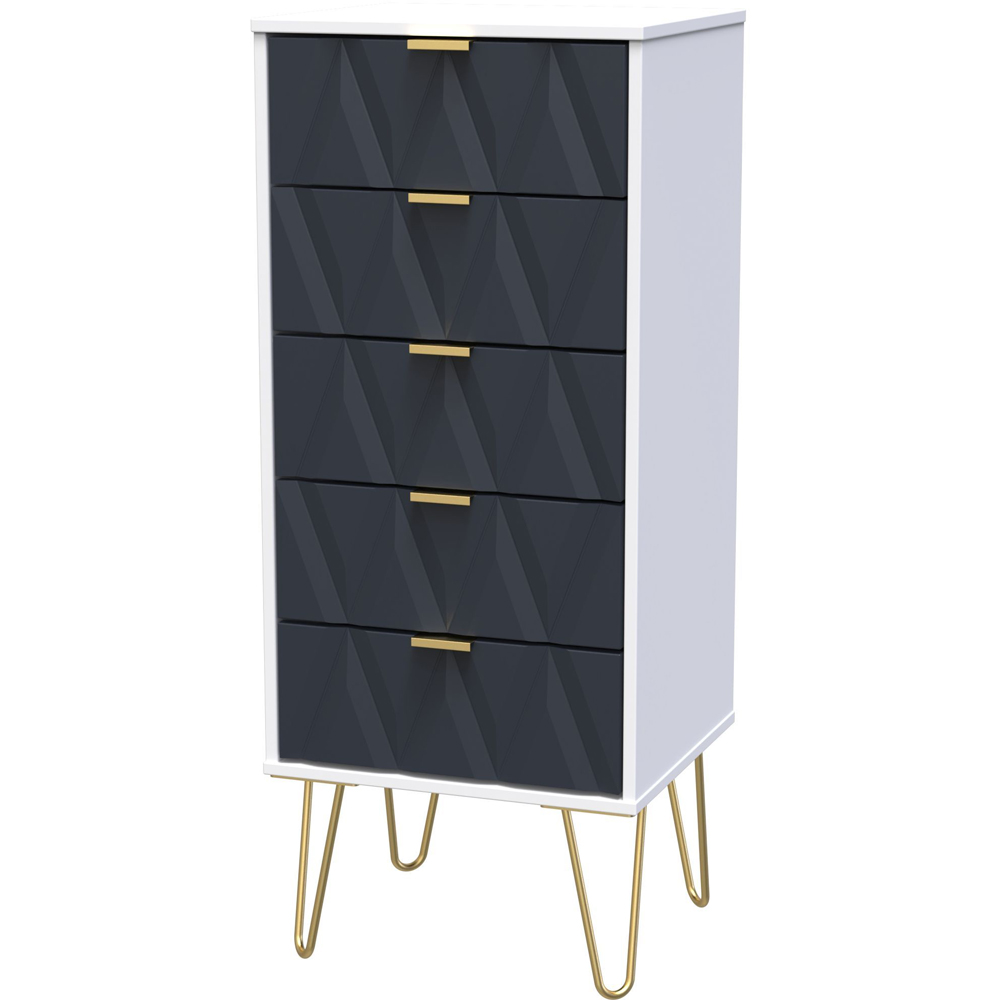 Crowndale Diamond 5 Drawer Indigo Matt and White Tall Bedside Cabinet Ready Assembled Image 3