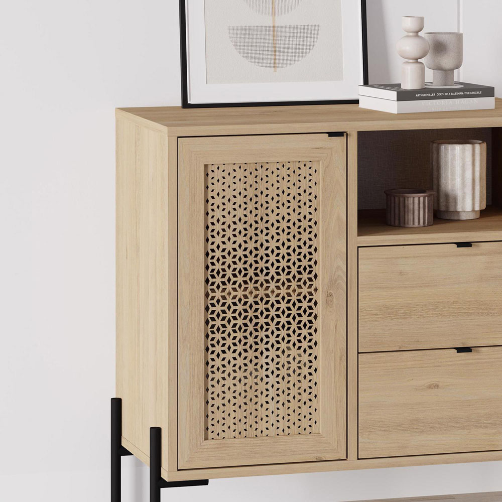 FWStyle Naïve Single Door 2 Drawer Oak Laser Cut Storage Unit Image 3