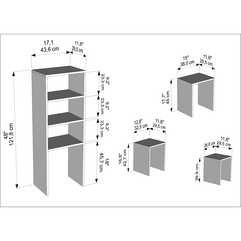 Decorotika Modern Melo 3 Shelf White Teak Bookcase with Nest of Tables Set of 3 Image 9