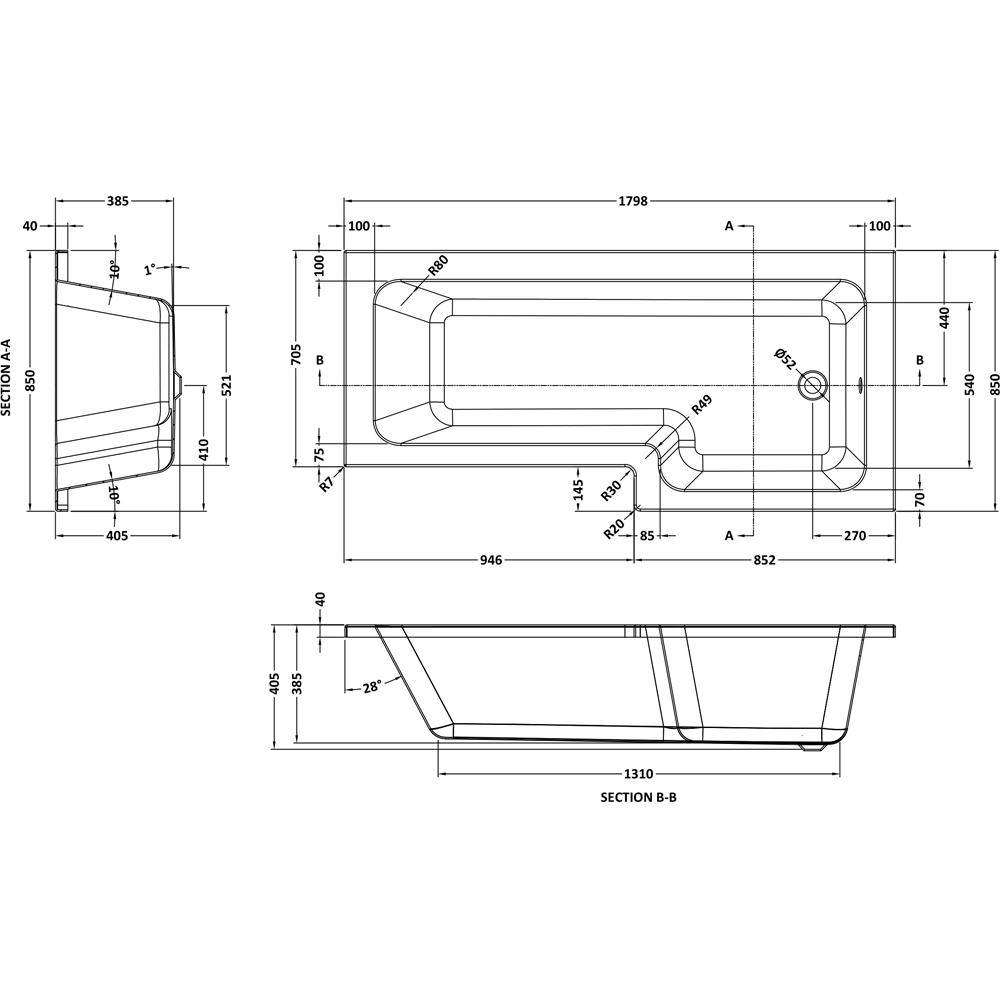 nuie White Right Hand Square Shower Bath 1800mm Image 2