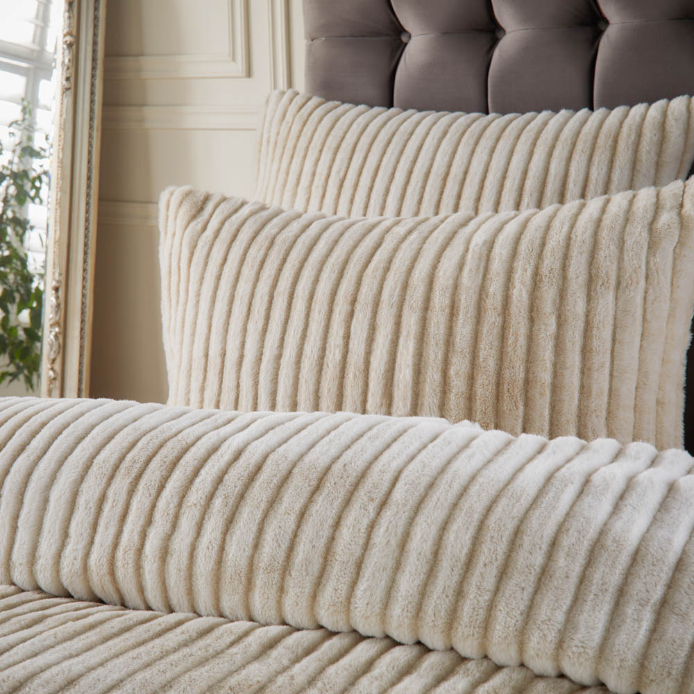 Paoletti Alpine Double Champagne Striped Faux Fur Duvet Cover Set Image 2