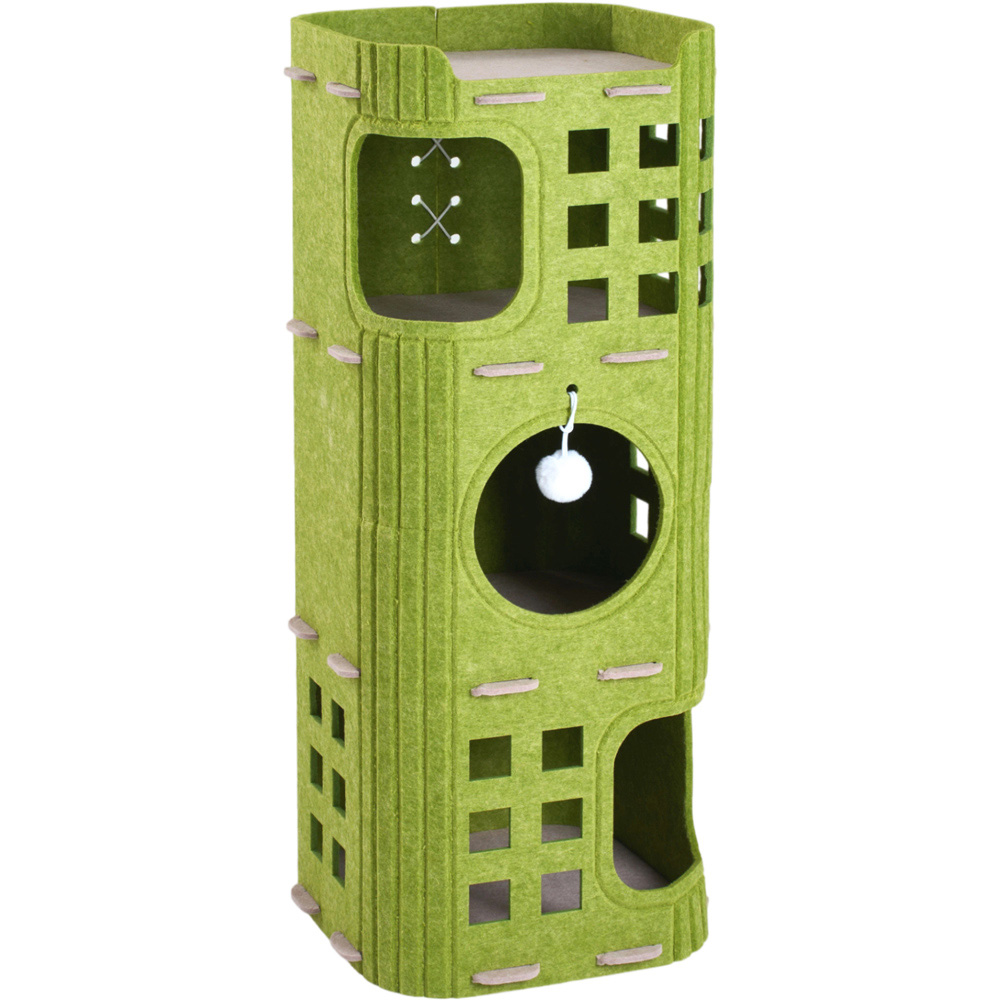 H&O Direct 3-Tier Green Felt Cat House with Hanging Fluffy Ball Image 1