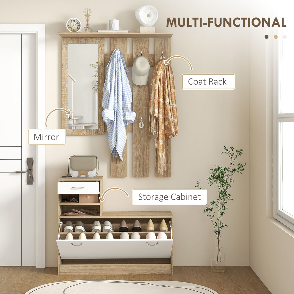 HOMCOM 2 Piece White and Natural Hallway Furniture Set with Mirror Image 7