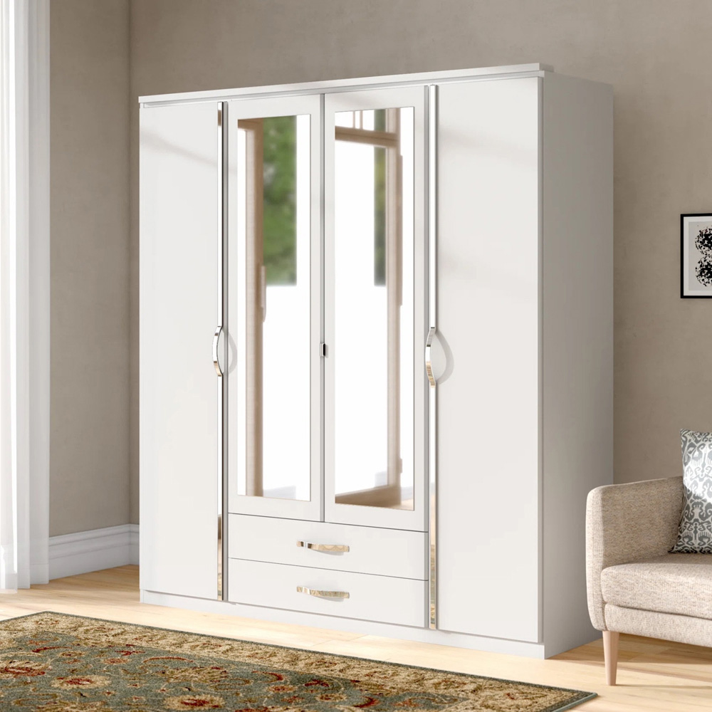 TJ'S Clack 4 Door 2 Drawer White Mirrored Wardrobe Image 5