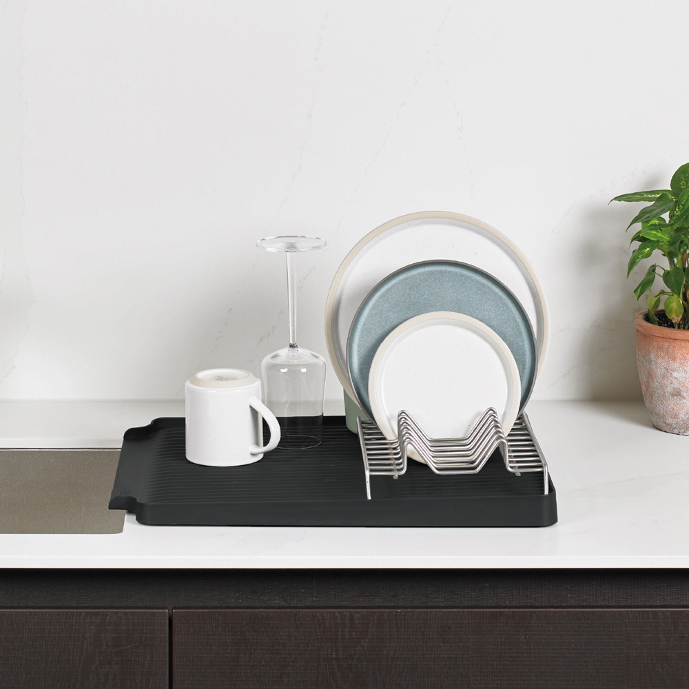 ReBorn Charcoal Grey and Sage Green Large Kitchen Draining Rack with Cutlery Holder Image 5