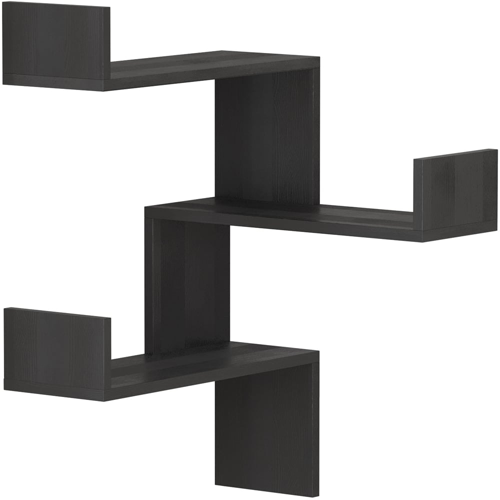 Decortie Luksa 3 Shelf Zigzag Wall Mounted Design Black Wood Corner Bookcase Image 2
