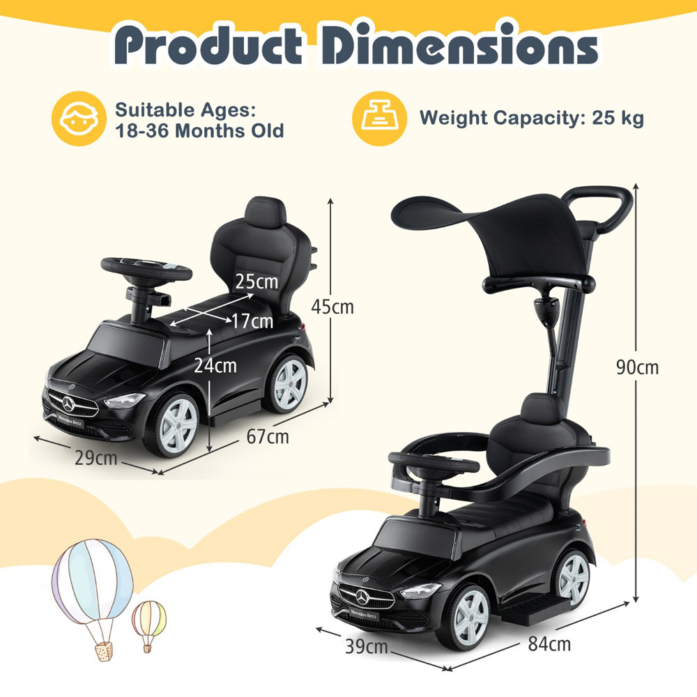Costway 3-in-1 Kids Black Ride On Push Car with Adjustable Canopy and Steering Push Bar Image 8