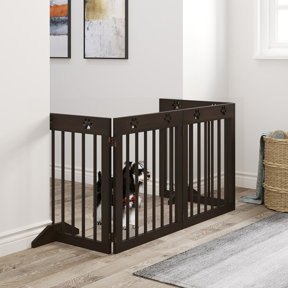 PawHut Brown 4 Panel Wooden Folding Pet Safety Gate with Support Feet Image 2