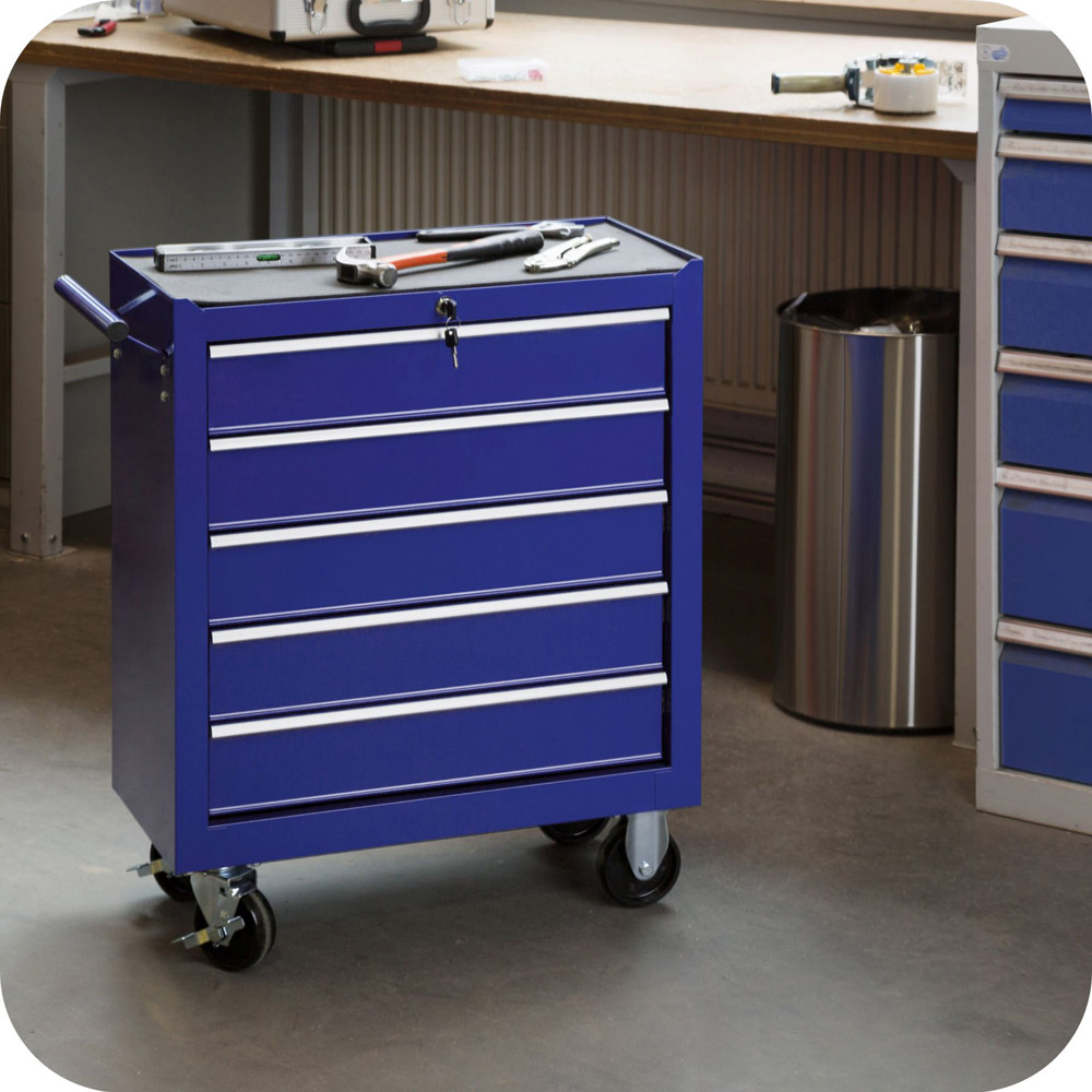 tectake 5 Drawer Blue Tool Chest of Drawers with Wheels Image 2