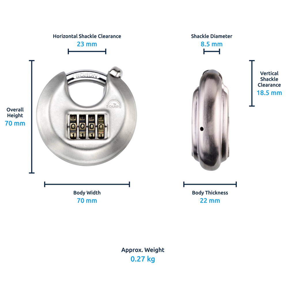 Squire 70mm Disc 4 Wheel Combination Boron Shackle Padlock Image 5