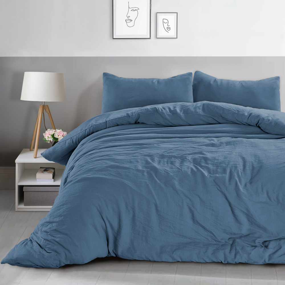 Velosso Washed Linen Look Super King Size Denim Blue Duvet Set Image 1