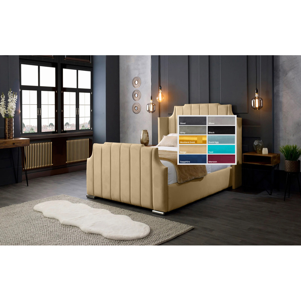 Eleganza Home Nelly King Size Beige Plush Velvet Bed Frame with Winged Headboard Image 4