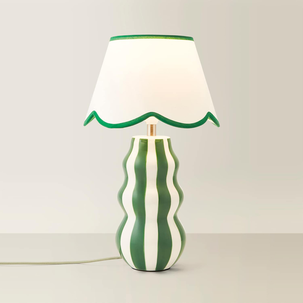 ValueLights Everie Scallop Shade Green Stripe Table Lamp with Bulb Image 5