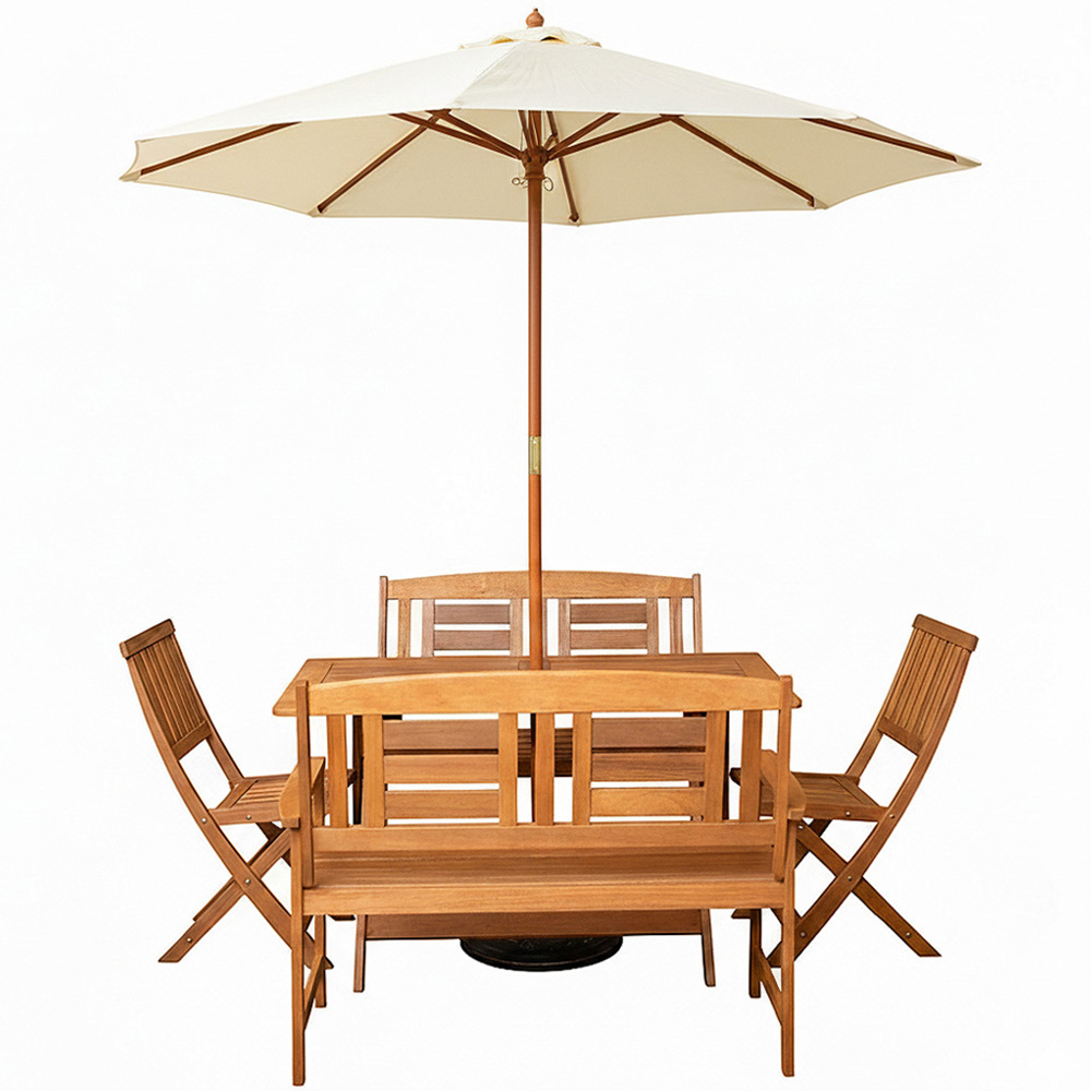 Samuel Alexander 6 Seater Wooden Rectangular Foldable Dining Bench Set with Cream Parasol and Base Image 2