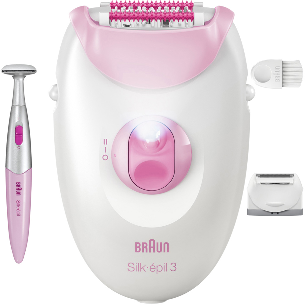 Braun Silk·épil 3 Pink Corded Hair Removal Epilator with Bikini Trimmer and Cleaning Brush Image 2