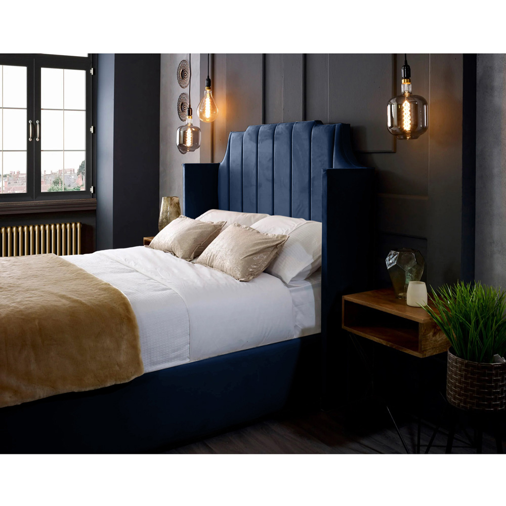Eleganza Home Nelly Double Blue Plush Velvet Bed Frame with Winged Headboard Image 2