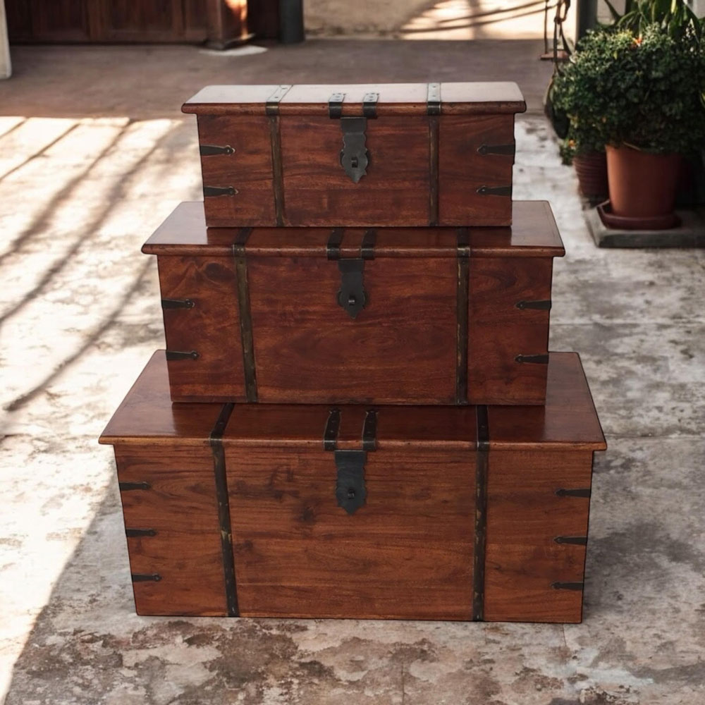 Acacia Home Brown Wooden Chest 101cm Set of 3 Image 3