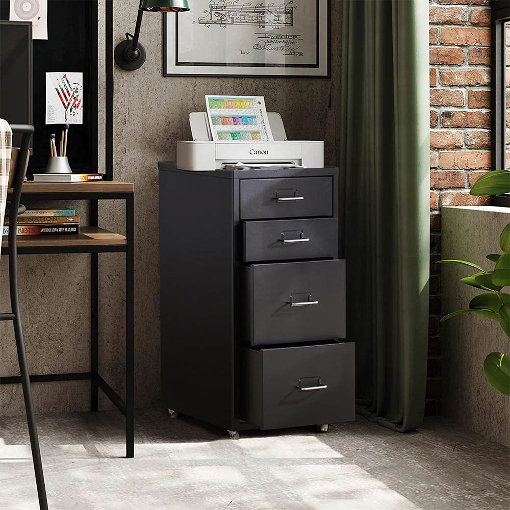Living and Home Black 4 Tier Vertical File Cabinet with Wheels Image 5
